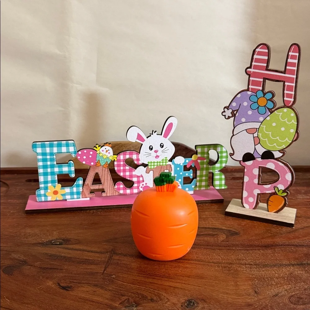Easter Party Theme decoration 3 PC bundle Bunny & Gnome Sign Bunny Squeezed Toy